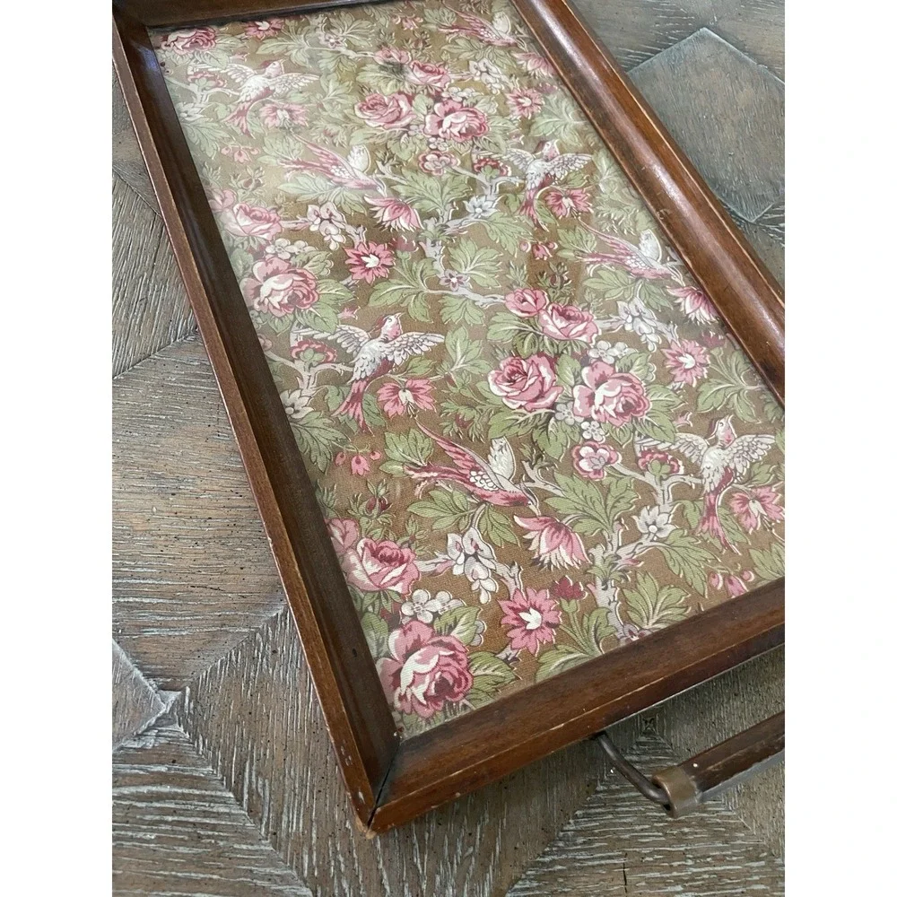 Antique Wood Framed Floral Bird  Tapestry Fabric Under Glass Handled Tray 10x19